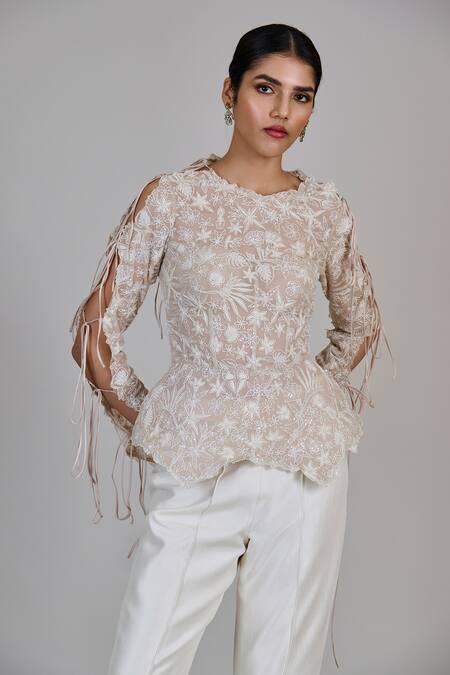 Shop_Mishru_Gold Chiffon, Silk Embroidery, Sequins Round Caelen Top And Bell Bottom Pant Set _Online_at_Aza_Fashions