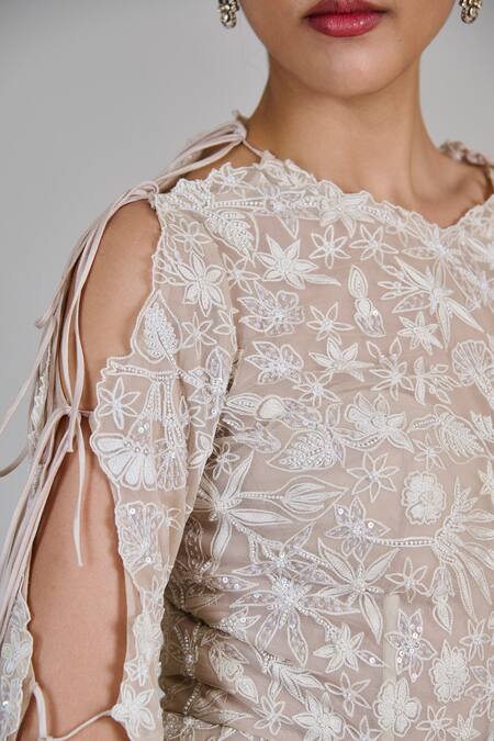 Mishru_Gold Chiffon, Silk Embroidery, Sequins Round Caelen Top And Bell Bottom Pant Set _at_Aza_Fashions