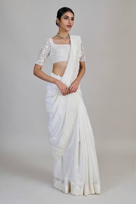 Mishru_Ivory Chanderi, Tulle Sequins, Embroidery Square Neck, Rumi Saree With Blouse _Online_at_Aza_Fashions