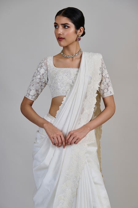 Buy_Mishru_Ivory Chanderi, Tulle Sequins, Embroidery Square Neck, Rumi Saree With Blouse _Online_at_Aza_Fashions