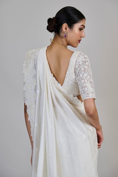 Shop_Mishru_Ivory Chanderi, Tulle Sequins, Embroidery Square Neck, Rumi Saree With Blouse _Online_at_Aza_Fashions
