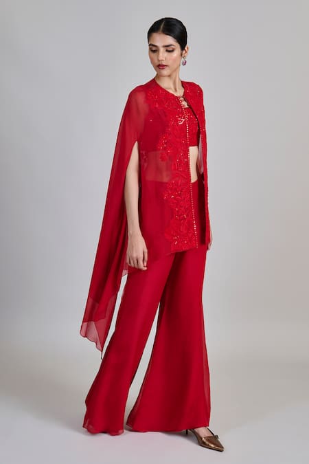 Mishru_Red Tulle, Organza Embroidery, Sequins, Mirrors Round Aurea Jacket Palazzo Set _Online_at_Aza_Fashions