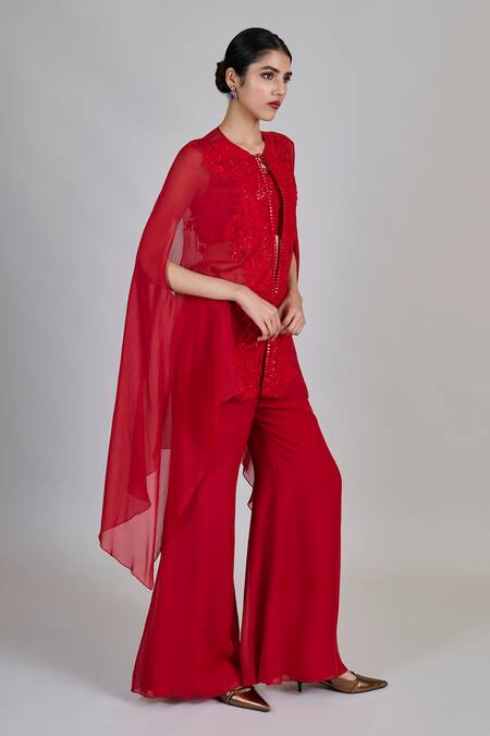 Buy_Mishru_Red Tulle, Organza Embroidery, Sequins, Mirrors Round Aurea Jacket Palazzo Set _Online_at_Aza_Fashions
