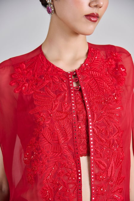 Mishru_Red Tulle, Organza Embroidery, Sequins, Mirrors Round Aurea Jacket Palazzo Set _at_Aza_Fashions