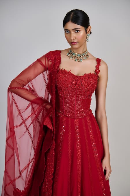 Buy_Mishru_Red Organza, Tulle Embroidery, Sequins, Zari, Applique Keya Lehenga Set _Online_at_Aza_Fashions