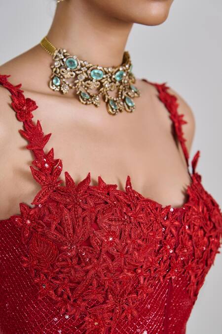 Shop_Mishru_Red Organza, Tulle Embroidery, Sequins, Zari, Applique Keya Lehenga Set _Online_at_Aza_Fashions