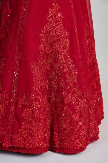 Mishru_Red Organza, Tulle Embroidery, Sequins, Zari, Applique Keya Lehenga Set _at_Aza_Fashions