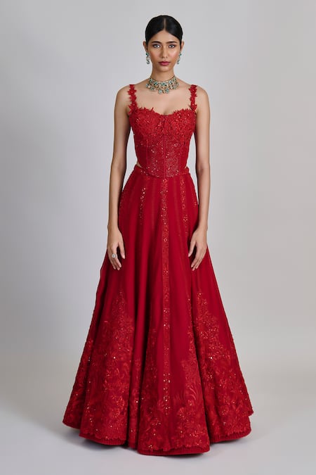 Buy_Mishru_Red Organza, Tulle Embroidery, Sequins, Zari, Applique Keya Lehenga Set 