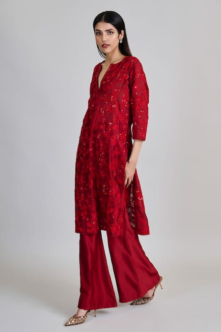 Mishru_Red Chanderi, Tulle Embroidery, Sequins Split V-neck Kiyara Kurta Pant Set _Online_at_Aza_Fashions