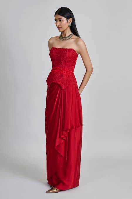 Mishru_Red Organza, Satin Applique, Embroidery Ciara Peplum Corset With Draped Skirt _Online_at_Aza_Fashions
