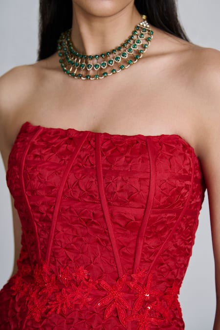 Buy_Mishru_Red Organza, Satin Applique, Embroidery Ciara Peplum Corset With Draped Skirt _Online_at_Aza_Fashions
