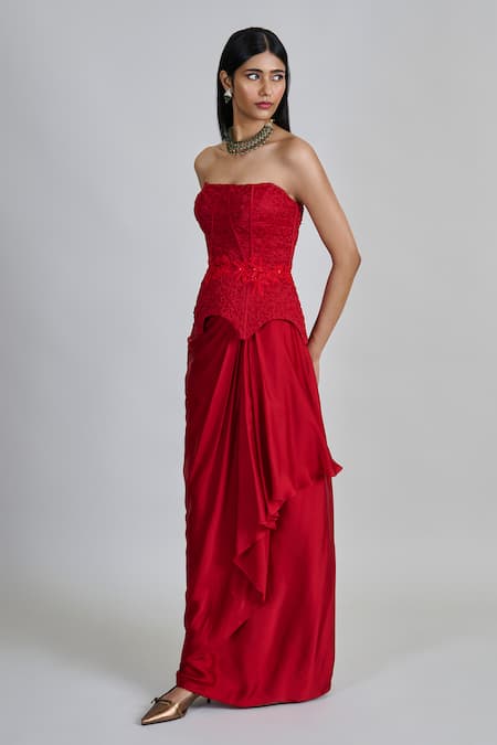 Shop_Mishru_Red Organza, Satin Applique, Embroidery Ciara Peplum Corset With Draped Skirt _Online_at_Aza_Fashions