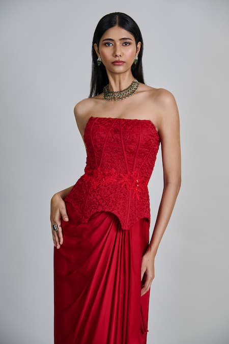Mishru_Red Organza, Satin Applique, Embroidery Ciara Peplum Corset With Draped Skirt _at_Aza_Fashions