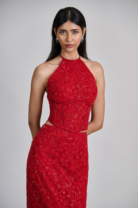 Mishru_Red Tulle Sequins, Embroidery, Beads Halter Neck Amira Top And Skirt Set _Online_at_Aza_Fashions