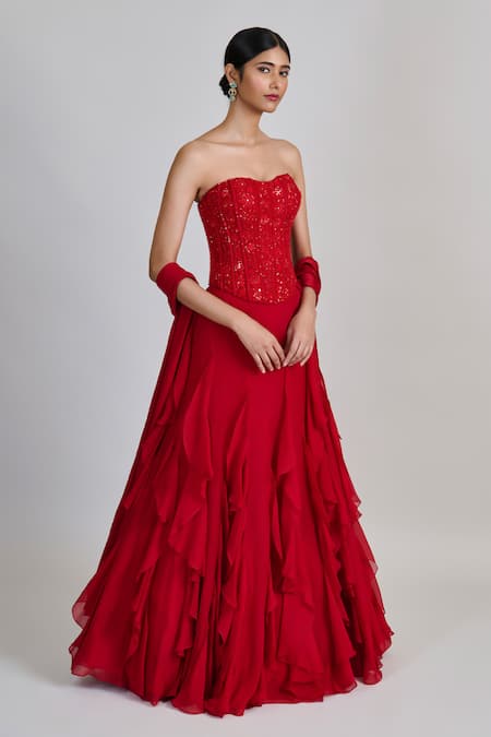 Buy_Mishru_Red Tulle, Organza, Chiffon Sequins, Embroidery Sweetheart Suki Ruffle Skirt Set _Online_at_Aza_Fashions