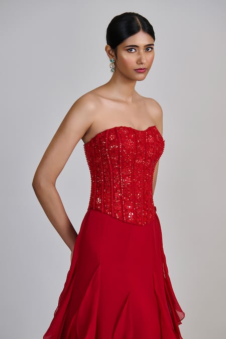 Mishru_Red Tulle, Organza, Chiffon Sequins, Embroidery Sweetheart Suki Ruffle Skirt Set _at_Aza_Fashions