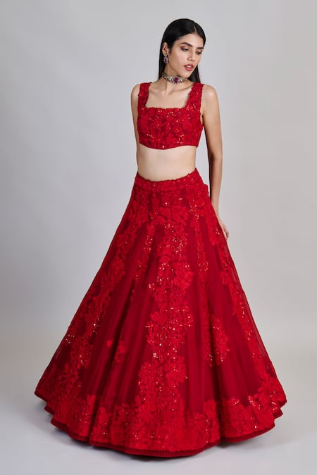Mishru_Red Organza, Tulle, Chiffon Embroidery, Sequins Square Neck Roselle Lehenga Set _Online_at_Aza_Fashions