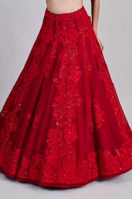 Buy_Mishru_Red Organza, Tulle, Chiffon Embroidery, Sequins Square Neck Roselle Lehenga Set _Online_at_Aza_Fashions