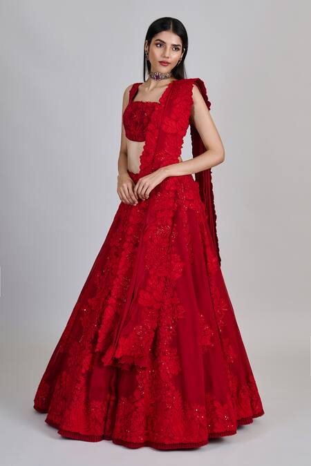 Shop_Mishru_Red Organza, Tulle, Chiffon Embroidery, Sequins Square Neck Roselle Lehenga Set _Online_at_Aza_Fashions