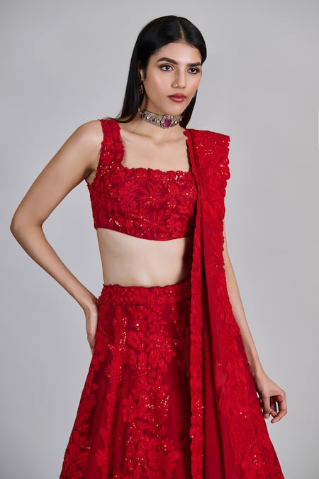 Mishru_Red Organza, Tulle, Chiffon Embroidery, Sequins Square Neck Roselle Lehenga Set _at_Aza_Fashions
