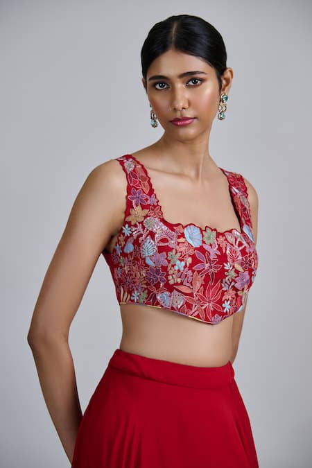 Buy_Mishru_Red Tulle, Organza Embroidery Open Neck, Square Avi Pleated Cape Skirt Set _Online_at_Aza_Fashions