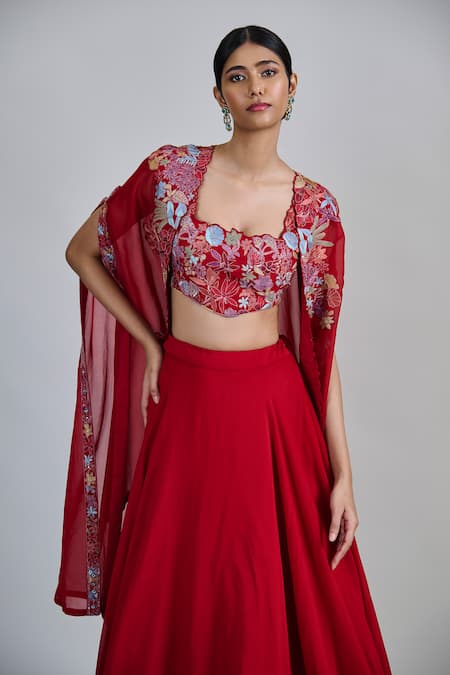 Shop_Mishru_Red Tulle, Organza Embroidery Open Neck, Square Avi Pleated Cape Skirt Set _Online_at_Aza_Fashions