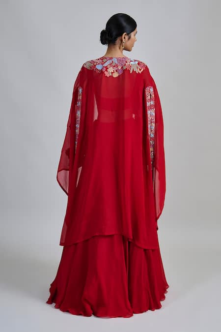 Mishru Avi Pleated Embroidered Cape Skirt Set 