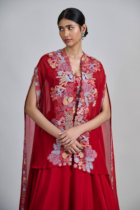 Mishru_Red Tulle, Organza Embroidery Open Neck, Square Avi Pleated Cape Skirt Set _at_Aza_Fashions
