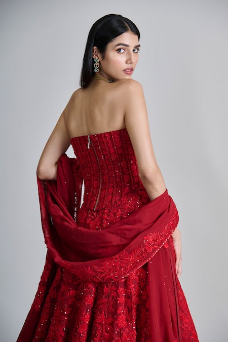 Buy_Mishru_Red Tulle, Organza Embroidery, Sequins, Mirrors Amara Floral Corset Lehenga Set _Online_at_Aza_Fashions