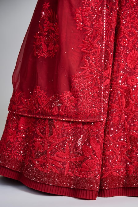 Shop_Mishru_Red Tulle, Organza Embroidery, Sequins, Mirrors Amara Floral Corset Lehenga Set _Online_at_Aza_Fashions