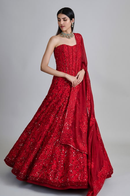 Mishru_Red Tulle, Organza Embroidery, Sequins, Mirrors Amara Floral Corset Lehenga Set _at_Aza_Fashions