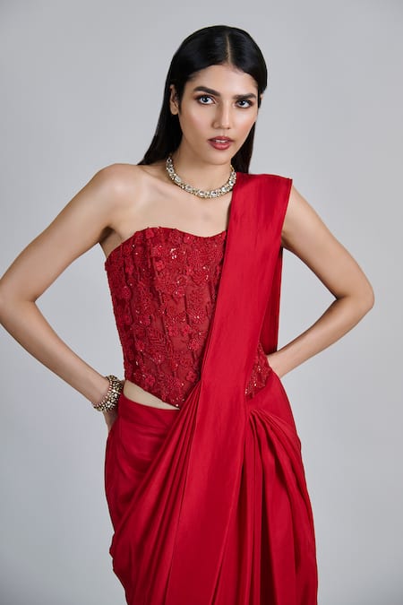 Mishru_Red Silk, Tulle Sequins, Embroidery Sweetheart Zin Pre-draped Saree With Blouse _Online_at_Aza_Fashions