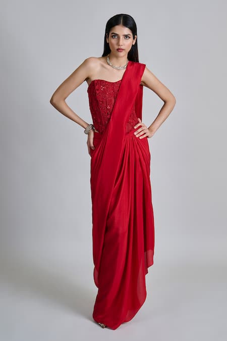 Mishru Zin Pre-Draped Saree With Embroidered Blouse 