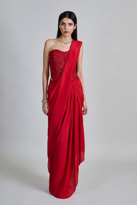 Buy_Mishru_Red Silk, Tulle Sequins, Embroidery Sweetheart Zin Pre-draped Saree With Blouse _Online_at_Aza_Fashions