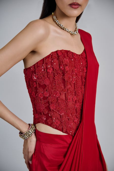 Shop_Mishru_Red Silk, Tulle Sequins, Embroidery Sweetheart Zin Pre-draped Saree With Blouse _Online_at_Aza_Fashions