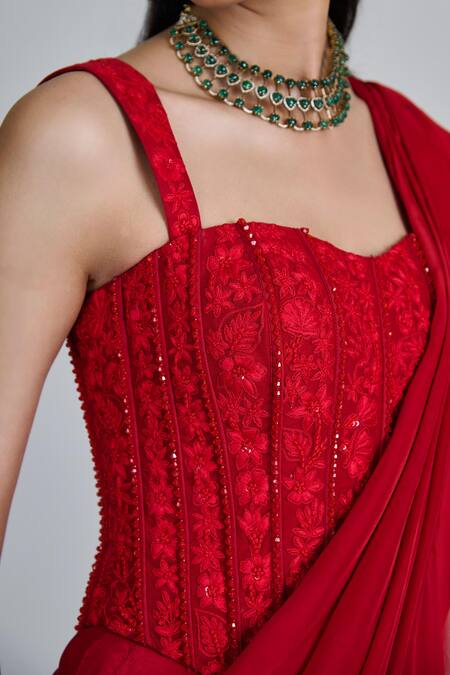 Mishru_Red Organza, Crepe, Tulle Embroidery, Nica Pre-draped Ruffle Saree With Blouse _Online_at_Aza_Fashions