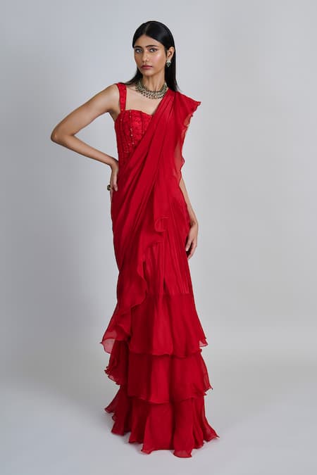 Buy_Mishru_Red Organza, Crepe, Tulle Embroidery, Nica Pre-draped Ruffle Saree With Blouse _Online_at_Aza_Fashions