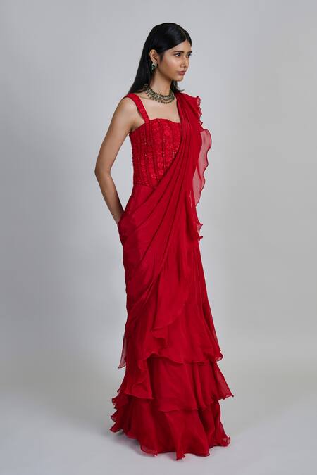 Shop_Mishru_Red Organza, Crepe, Tulle Embroidery, Nica Pre-draped Ruffle Saree With Blouse _Online_at_Aza_Fashions