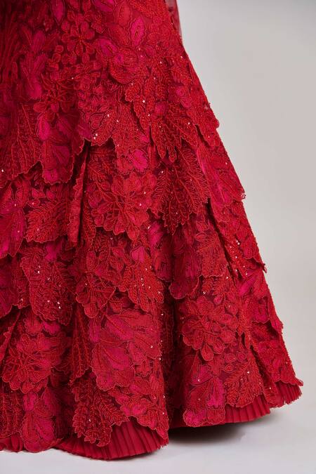 Buy_Mishru_Red Tulle Embroidery, Sequins Sweetheart Neck Joise Corset Skirt Set _Online_at_Aza_Fashions