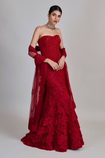 Shop_Mishru_Red Tulle Embroidery, Sequins Sweetheart Neck Joise Corset Skirt Set _Online_at_Aza_Fashions