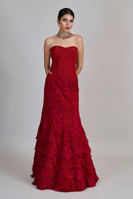 Mishru_Red Tulle Embroidery, Sequins Sweetheart Neck Joise Corset Skirt Set _at_Aza_Fashions
