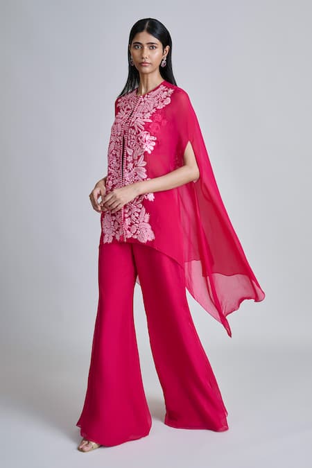 Mishru_Fuchsia Tulle, Organza Embroidery Round Neck Aurea Jacket Palazzo Set _Online_at_Aza_Fashions