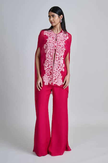 Buy_Mishru_Fuchsia Tulle, Organza Embroidery Round Neck Aurea Jacket Palazzo Set _Online_at_Aza_Fashions