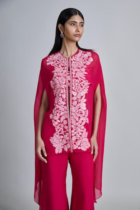 Shop_Mishru_Fuchsia Tulle, Organza Embroidery Round Neck Aurea Jacket Palazzo Set _Online_at_Aza_Fashions