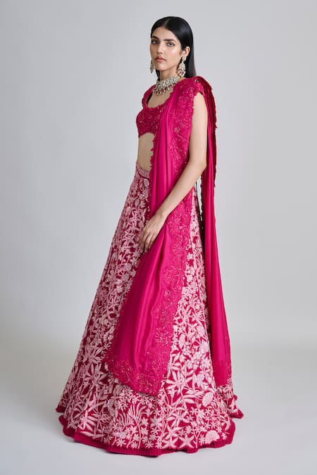 Mishru_Fuchsia Tulle, Organza, Silk Sequins, Beads, Embroidery, Zari Celia Lehenga Set _Online_at_Aza_Fashions