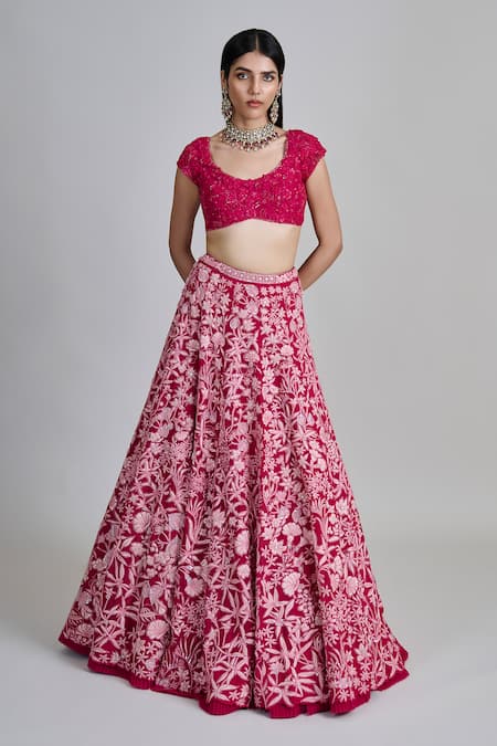 Buy_Mishru_Fuchsia Tulle, Organza, Silk Sequins, Beads, Embroidery, Zari Celia Lehenga Set _Online_at_Aza_Fashions