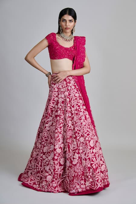 Shop_Mishru_Fuchsia Tulle, Organza, Silk Sequins, Beads, Embroidery, Zari Celia Lehenga Set _Online_at_Aza_Fashions