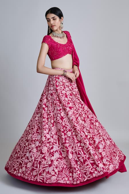 Mishru_Fuchsia Tulle, Organza, Silk Sequins, Beads, Embroidery, Zari Celia Lehenga Set _at_Aza_Fashions