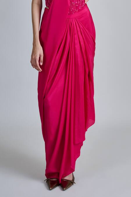 Mishru_Fuchsia Silk, Tulle Embroidery Sweetheart Neck Zin Pre-draped Saree With Blouse _Online_at_Aza_Fashions