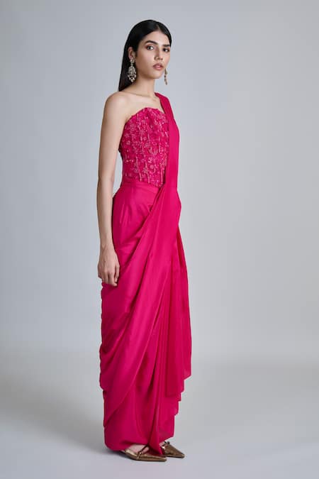 Buy_Mishru_Fuchsia Silk, Tulle Embroidery Sweetheart Neck Zin Pre-draped Saree With Blouse _Online_at_Aza_Fashions